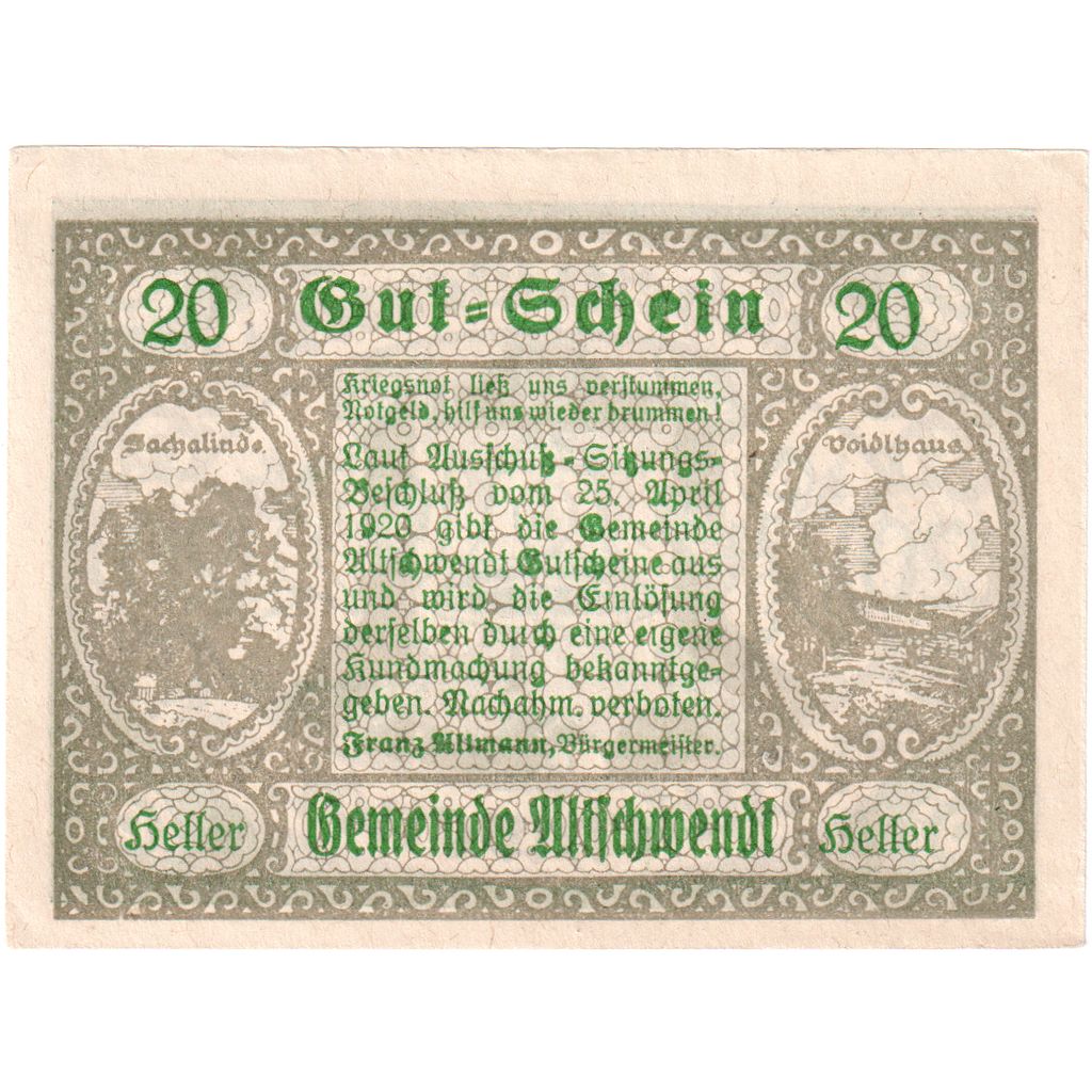 Austria, Altschwendt, 20 Heller, cloche, 1920, UNC(63), Mehl:FS 35IIa