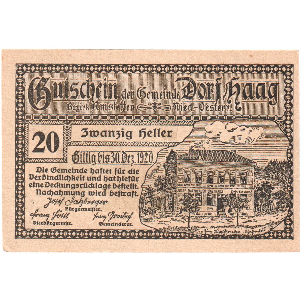 Österreich, Dorf Haag, 20 Heller, mairie, 1920, 1920-12-31, UNZ-, Mehl:FS 317a