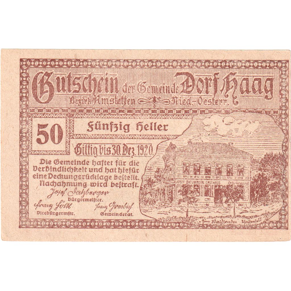 Österreich, Dorf Haag, 50 Heller, château 1920-12-30, UNZ-, Mehl:FS 317a