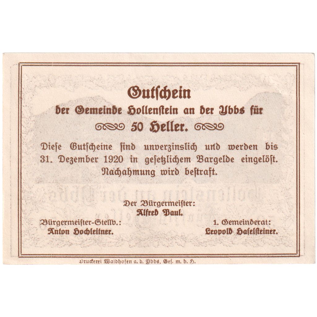 Österreich, Hollenstein, 50 Heller, paysage 1920-12-31, UNZ-, Mehl:FS 395a