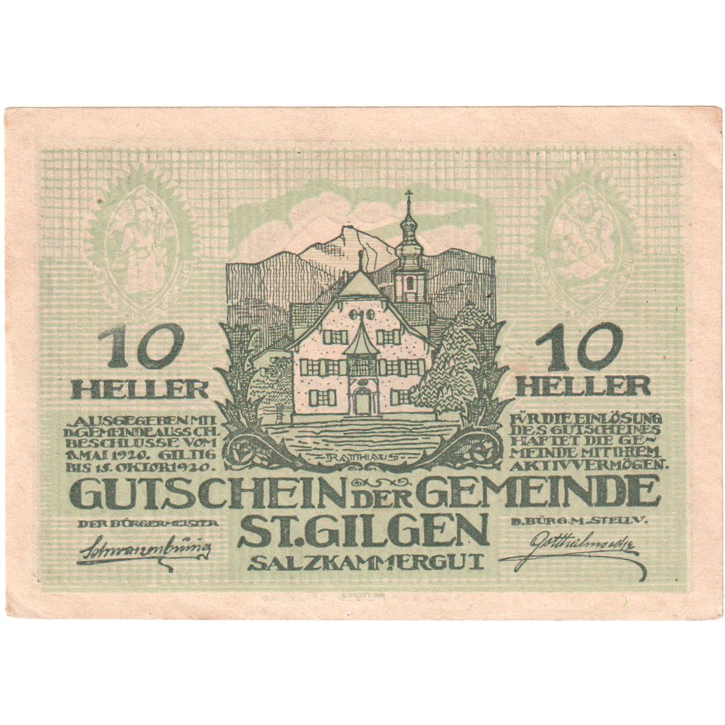 Austria, St Gilgen, 10 Heller, Eglise, 1920, 1920-10-15, EBC, Mehl:FS 891a