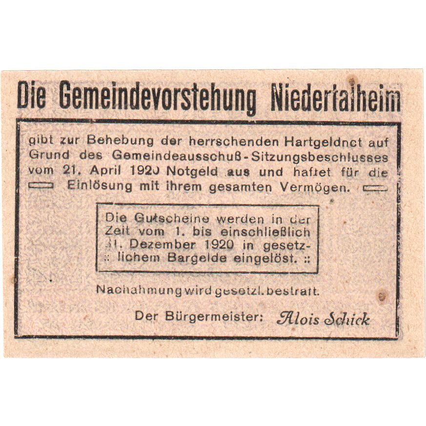 Österreich, Niedertalheim, 20 Heller, village, 1920-12-31, UNZ-, Mehl:FS 672d