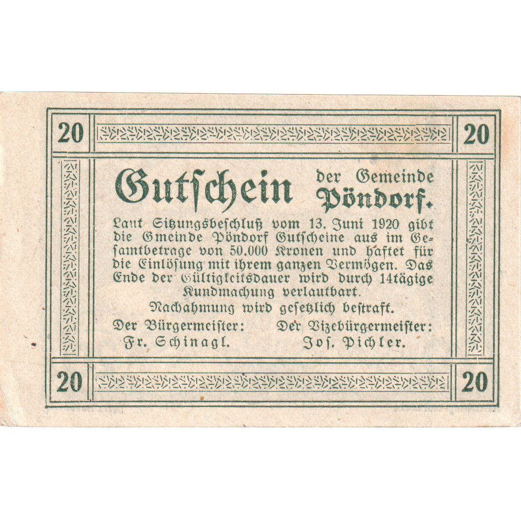 Österreich, Pöndorf, 20 Heller, agriculture, 1920, VZ, Mehl:FS 757c