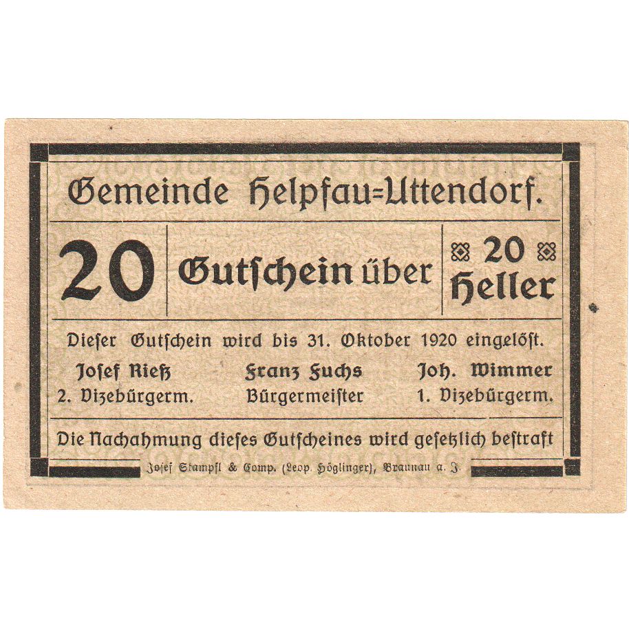 Österreich, Helpfau-Uttendorf, 20 Heller, village 1920-10-31, UNZ- Mehl:FS 365Ia
