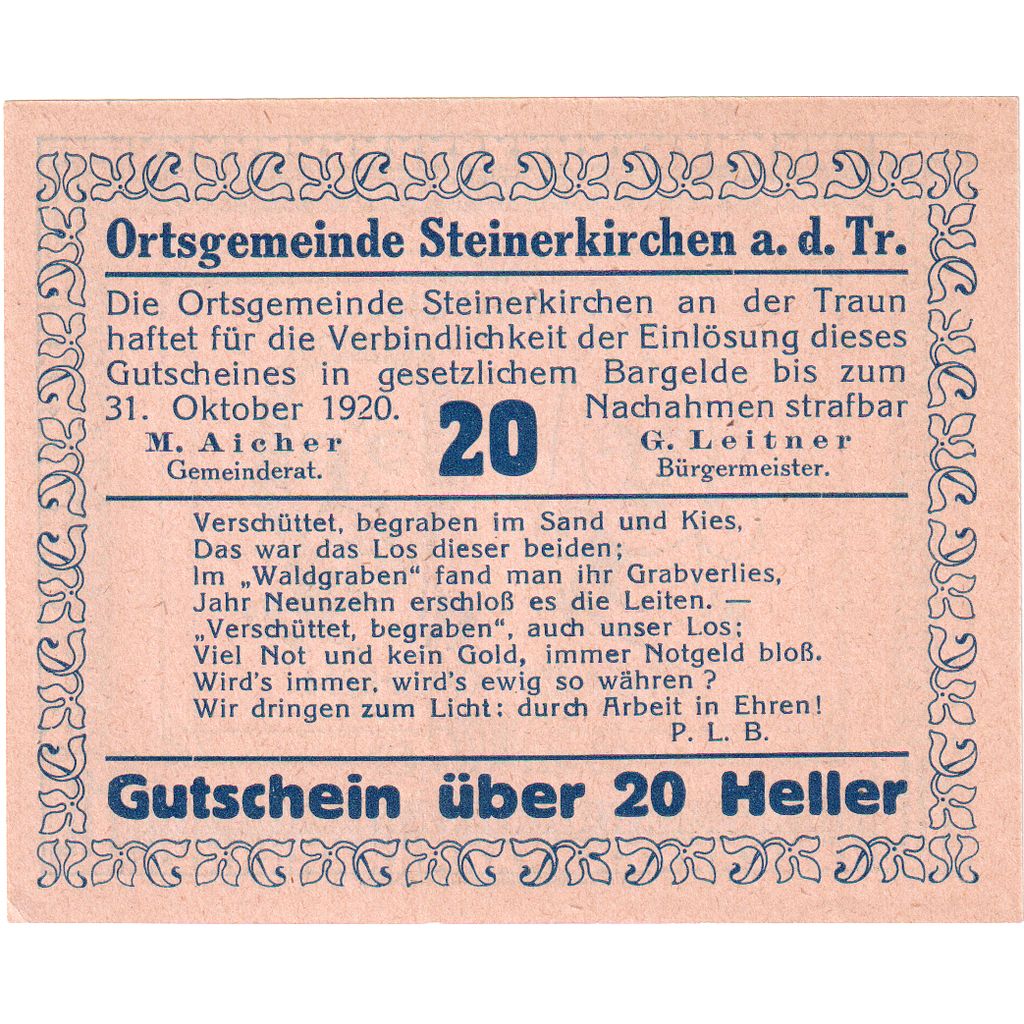 Österreich, Steinerkirchen, 20 Heller, portrait 1920-10-31, UNZ- Mehl:FS 1029IIa