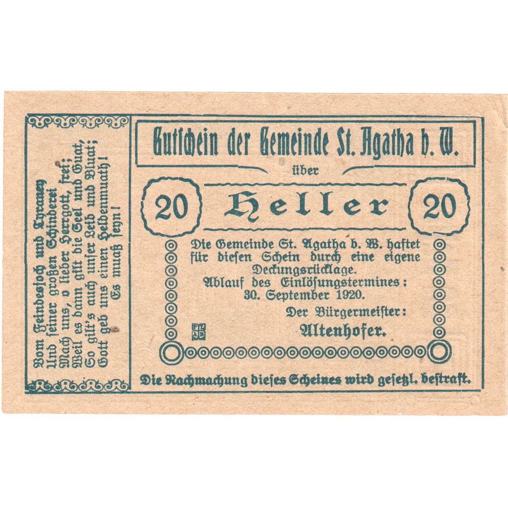 Österreich, St Agatha, 20 Heller, grange, 1920, 1920-09-30, UNZ-, Mehl:FS 877Ia