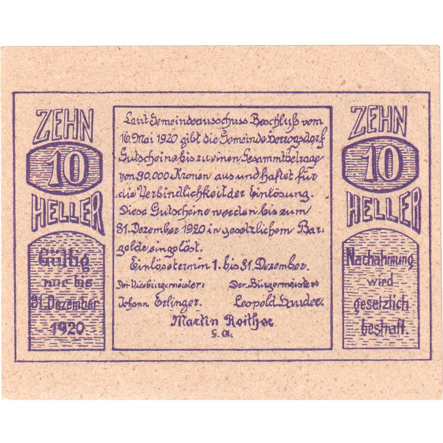 Österreich, Herzogsdorf, 10 Heller, paysage 1920-12-31, UNZ-, Mehl:FS 373I