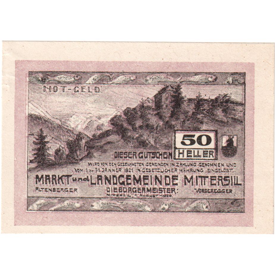 Austria, Mittersill, 50 Heller, paysage, 1920, 1920-01-31, UNC(63), Mehl:FS 622a