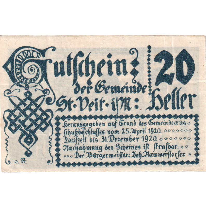 Österreich, St Veit, 20 Heller, château, 1920, 1920-12-31, VZ, Mehl:FS 944a