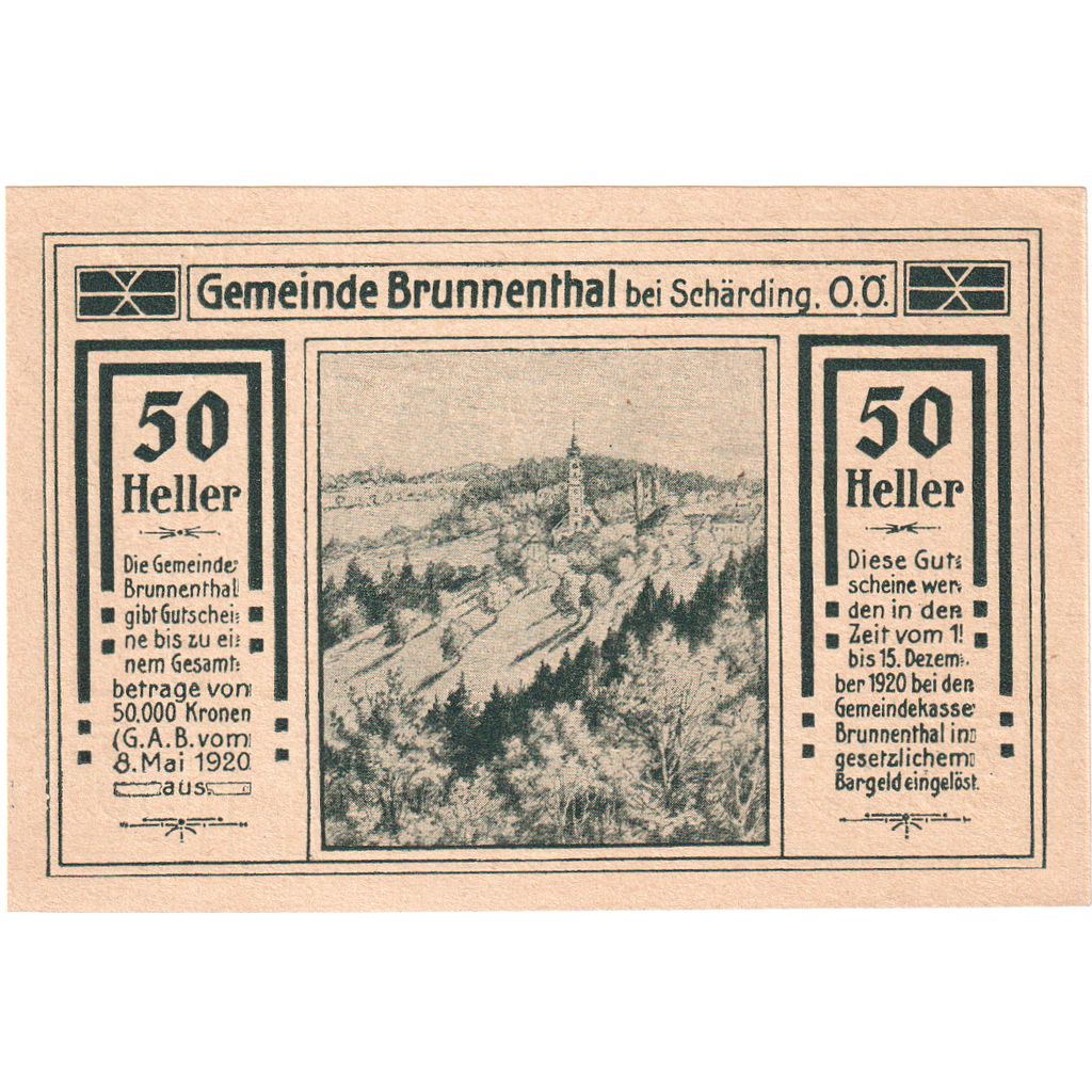 Österreich, Brunnenthal, 50 Heller, paysage 1920-12-15, UNZ-, Mehl:FS 111a