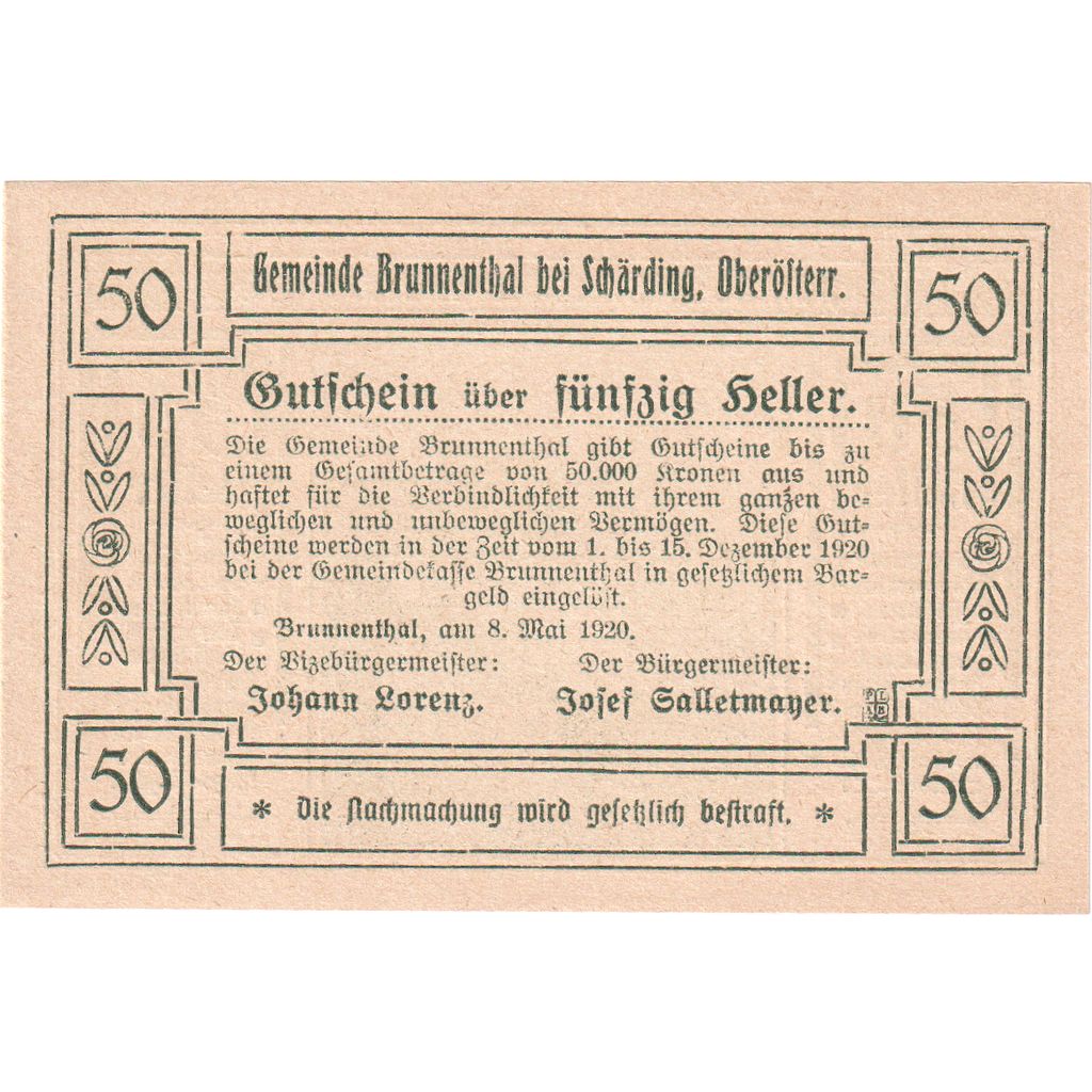 Österreich, Brunnenthal, 50 Heller, paysage 1920-12-15, UNZ-, Mehl:FS 111a