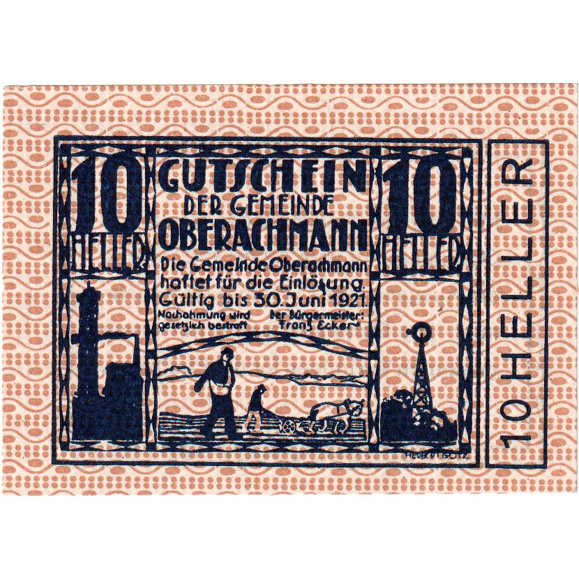 Österreich, Oberachmann, 10 Heller, Texte, 1921, 1921-06-30, UNZ-, Mehl:FS 680a