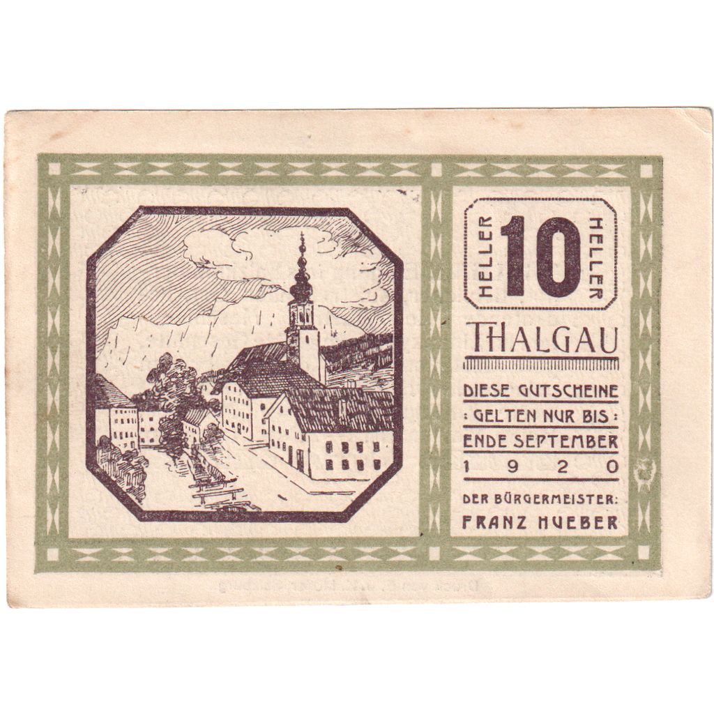 Austria, Thalgau, 10 Heller, Eglise, 1920, 1920-09-30, UNC(63), Mehl:FS 1065a