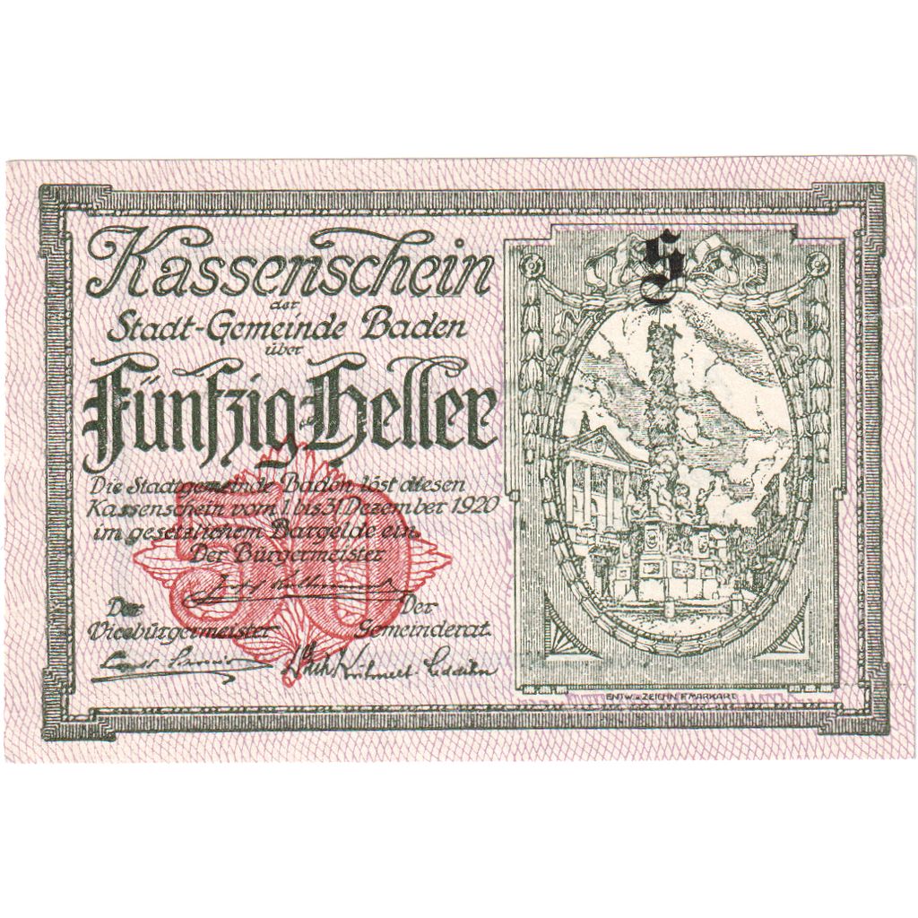 Österreich, Baden, 50 Heller, tour, 1920, 1920-12-31, UNZ-, Mehl:FS 74a