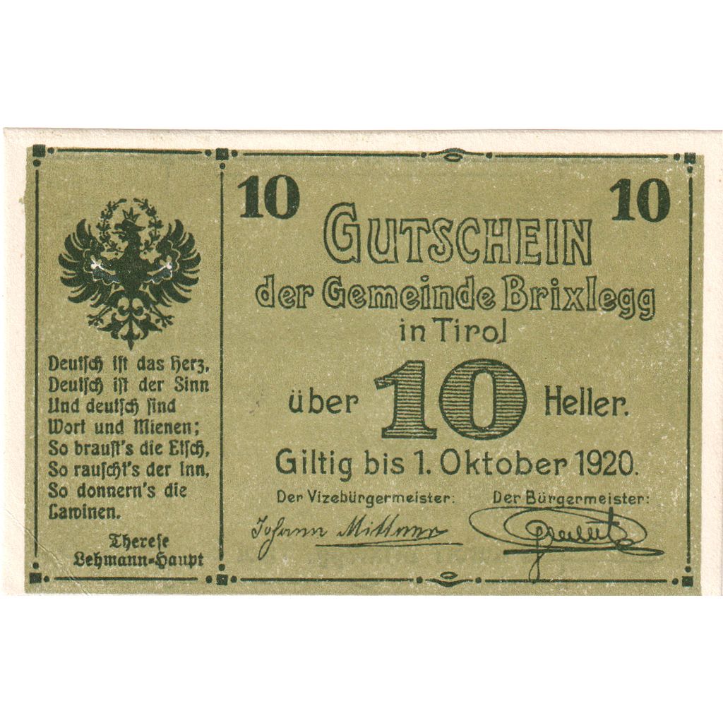 Österreich, Brixlegg, 10 Heller, lac, 1920, 1920-10-31, UNZ-, Mehl:FS 104a