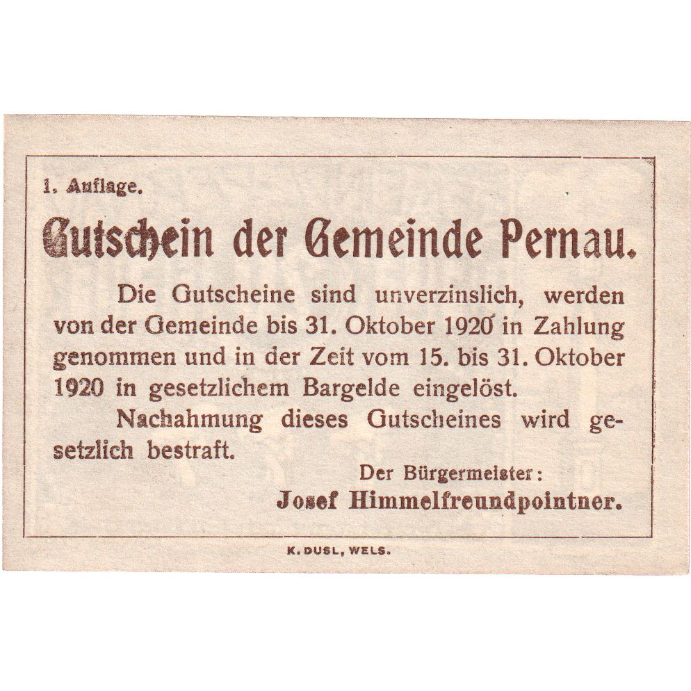 Österreich, Pernau, 20 Heller, Texte, 1920, 1920-10-31, UNZ-, Mehl:FS 734Ia