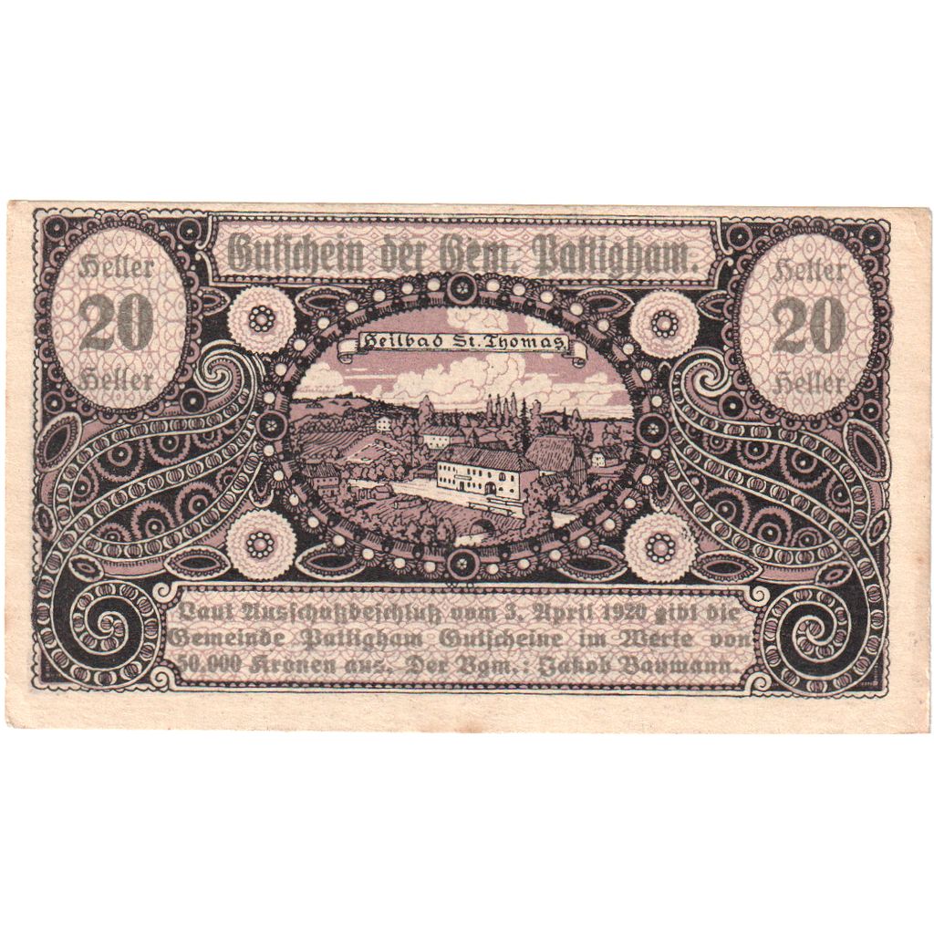 Österreich, Pattigham, 20 Heller, 1920-12-31, VZ Mehl:FS 723a