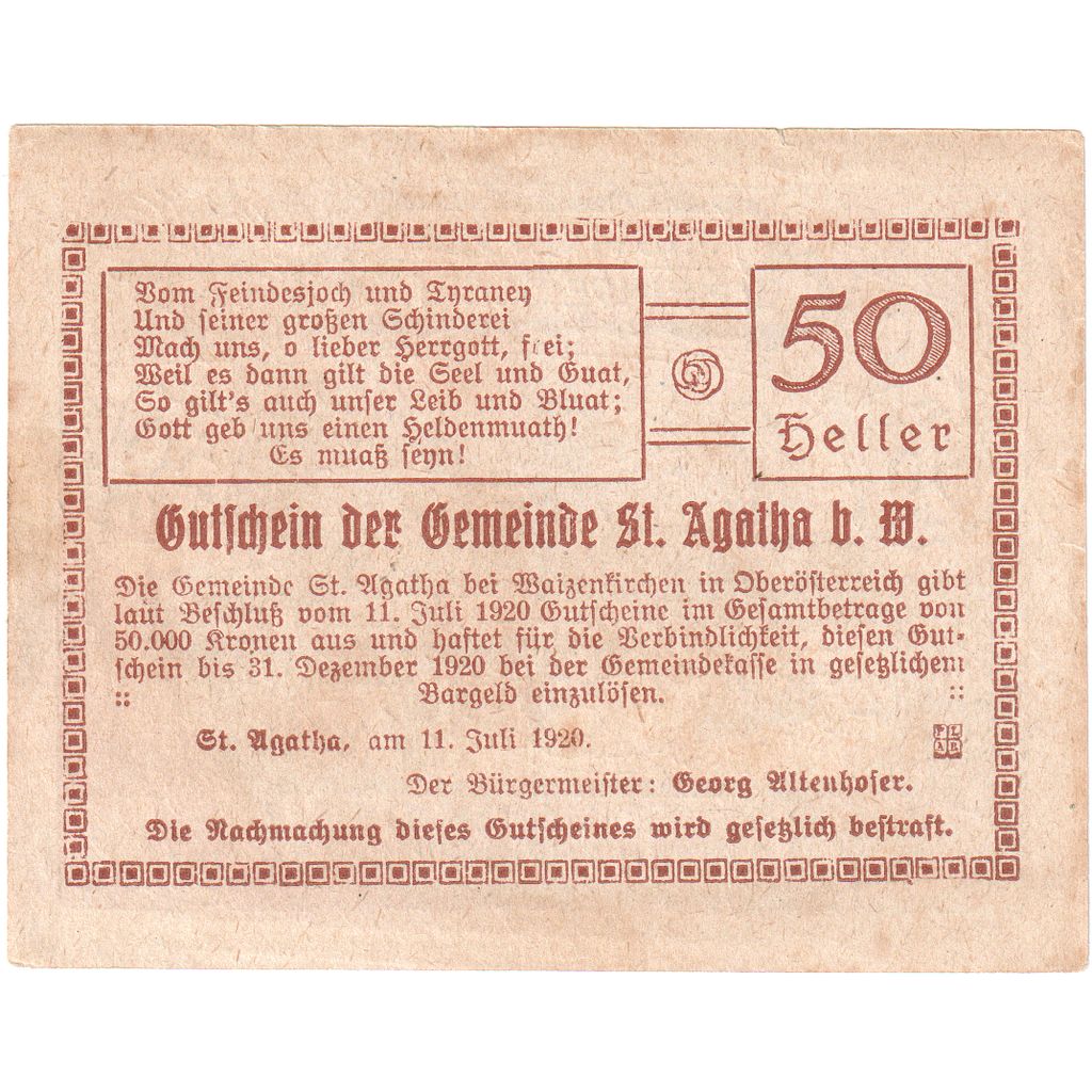 Österreich, St Agatha, 50 Heller, 1920-07-11, SS