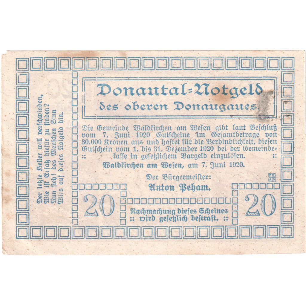 Österreich, Waldkirchen, 20 Heller, 1920-12-31, SS