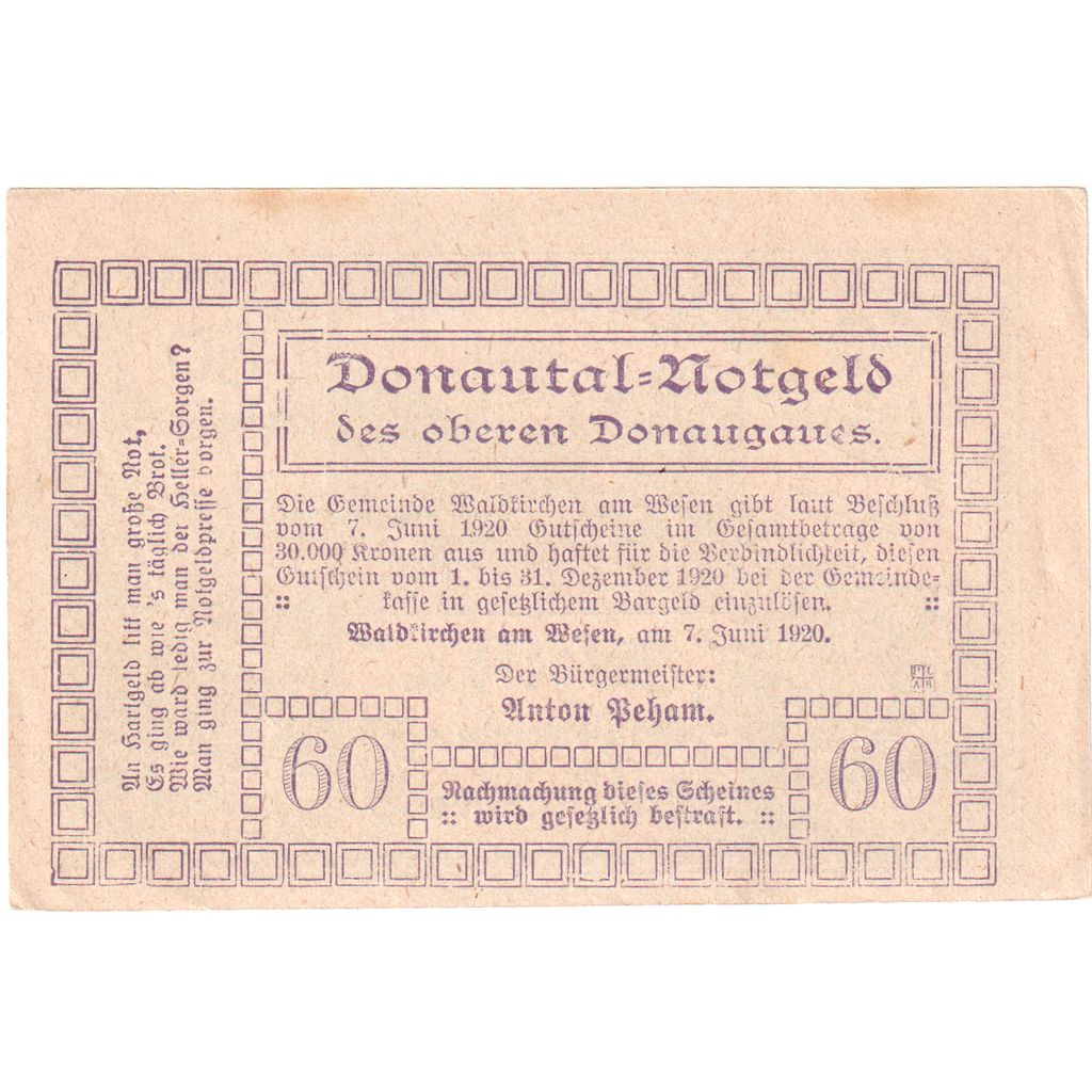 Österreich, Waldkirchen, 60 Heller, 1920-12-31, UNZ-