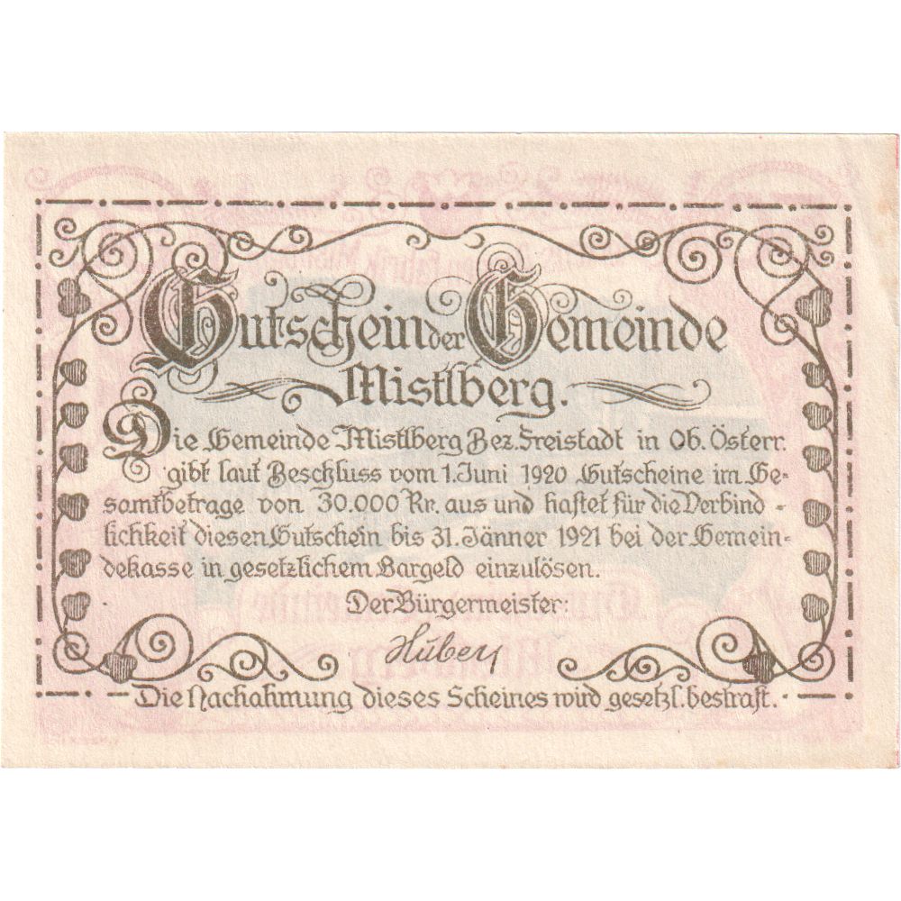 Austria, Mistelberg, 50 Heller, 1920-12-31, UNC(63)