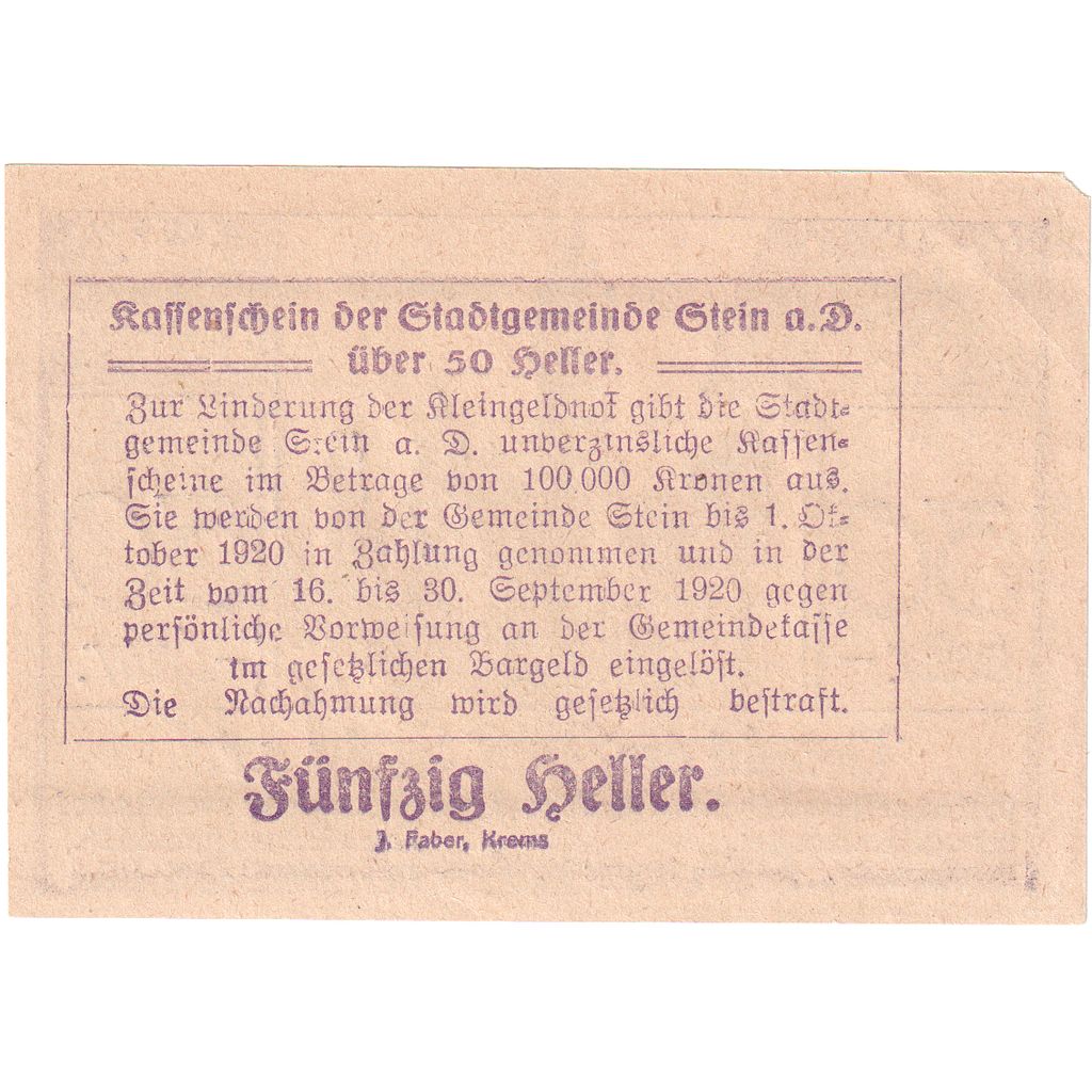 Österreich, Stein an der Donau, 50 Heller, 1920-09-30, UNZ-