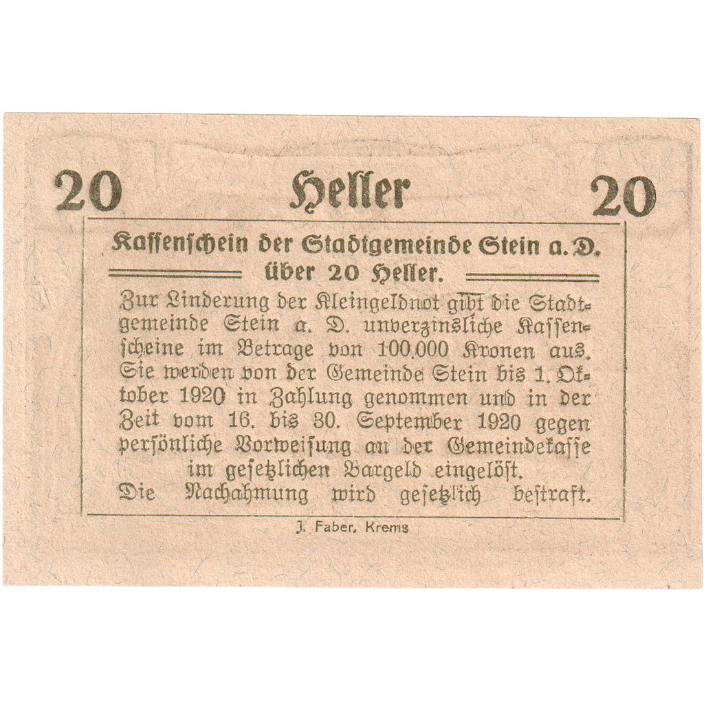 Österreich, Stein an der Donau, 20 Heller, 1920-09-30, UNZ-