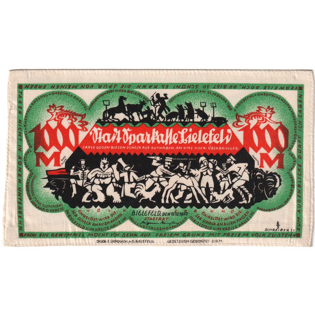 Deutschland, Bielefeld, 1000 Mark, 1922-12-15, UNZ-, Seide, Grabowski:59b