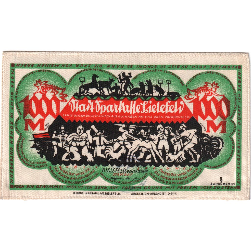Deutschland, Bielefeld, 1000 Mark, 1922-12-15, UNZ-, Seide, Grabowski:59a