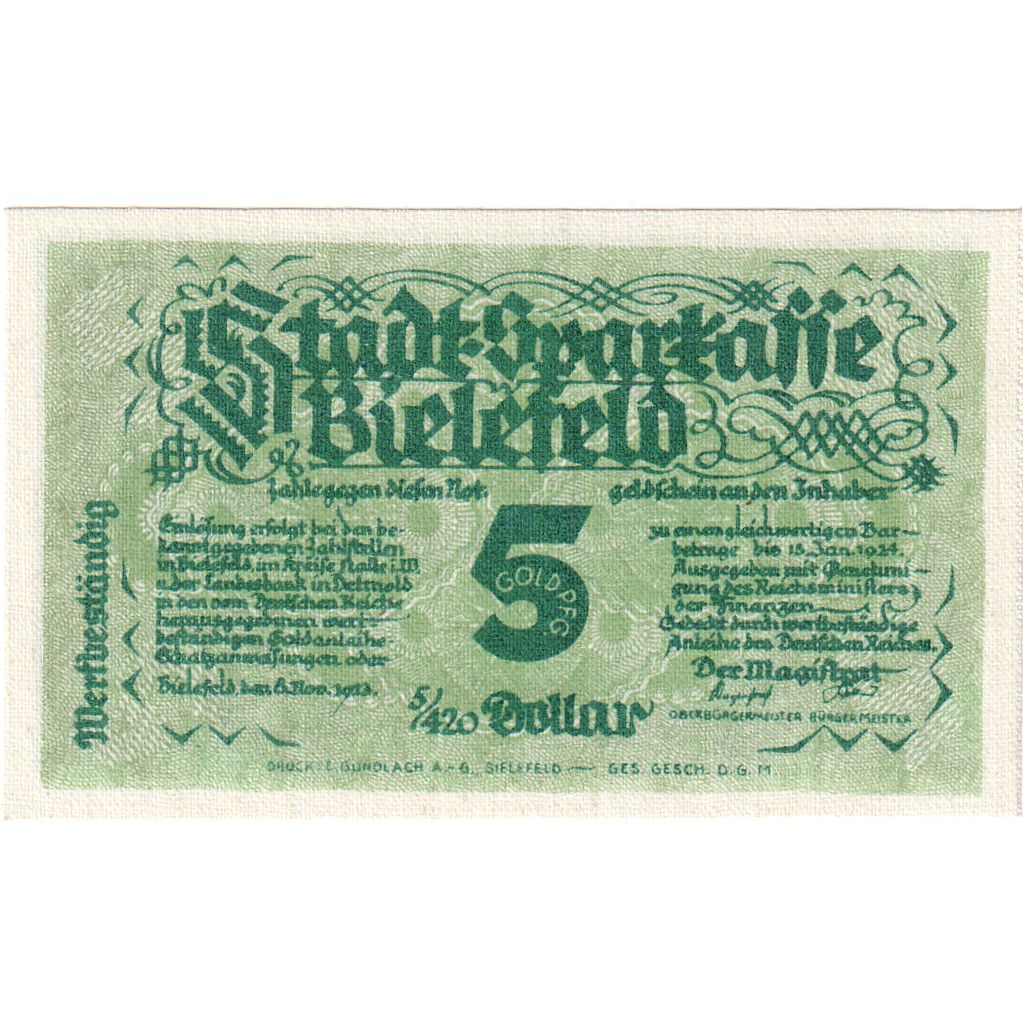 Germania, Bielefeld, 5 Goldpfennig, 1923-11-08, SPL, Lino, Grabowski:93