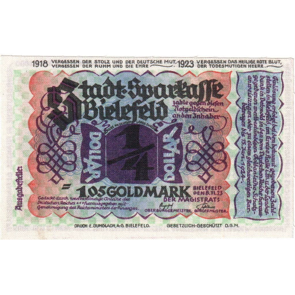 Germany, Bielefeld, 1,05 Goldmark, 1923-11-08, UNC(63), Linen, Grabowski:95