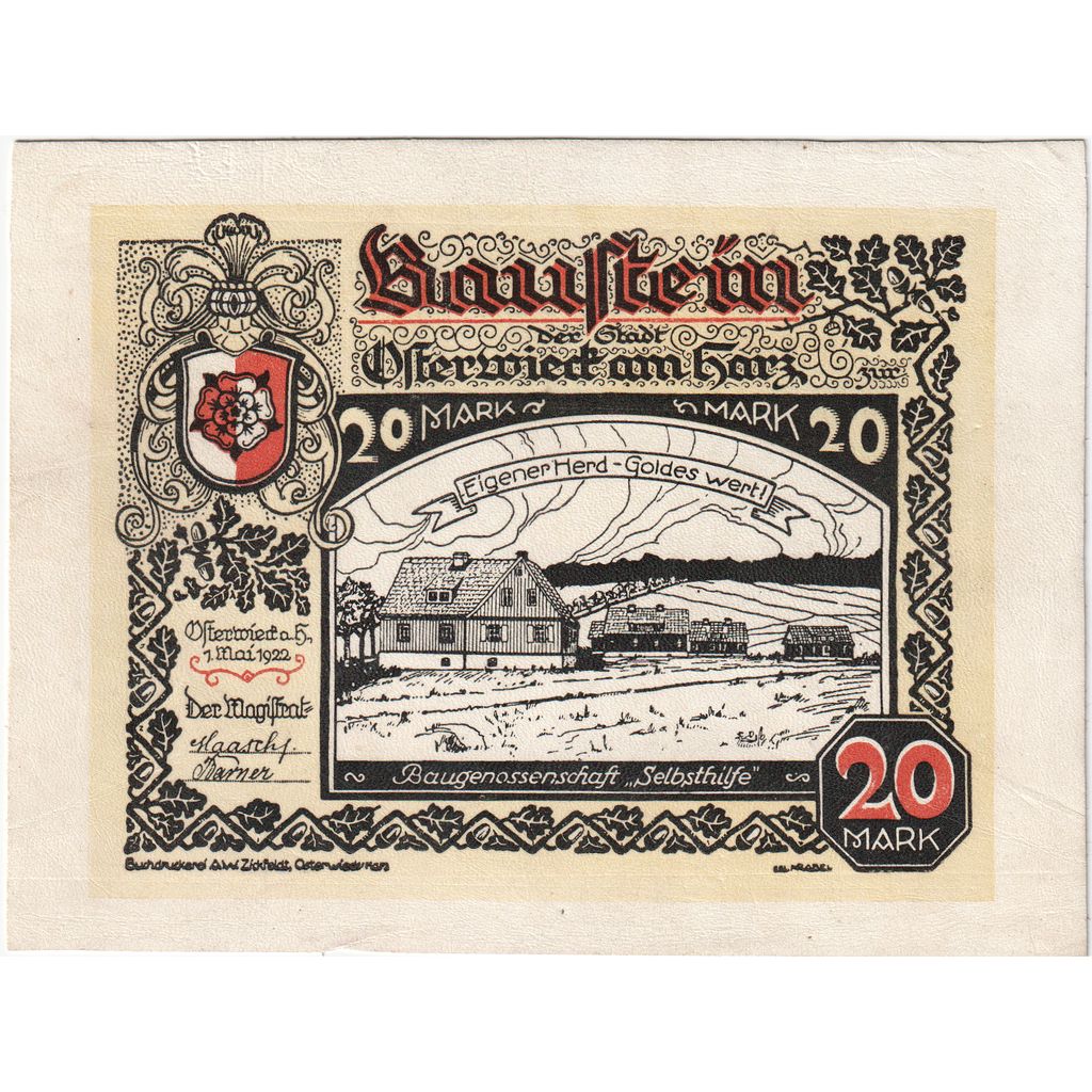 Allemagne, Osterwiecker am Harz, 20 Mark, 1922-05-01, SPL, Cuir, Grabowski:350a