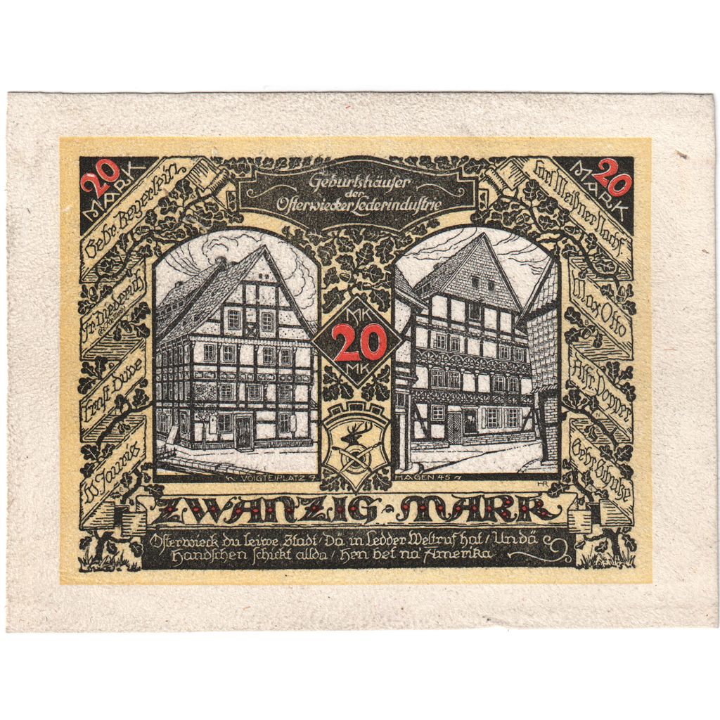 Allemagne, Osterwiecker am Harz, 20 Mark, 1922-05-01, SPL, Cuir, Grabowski:350a