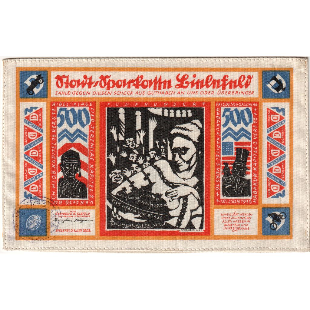 Niemcy, Bielefeld, 500 Mark, 1923-07-01, UNC(63), Pościel, Grabowski:74a