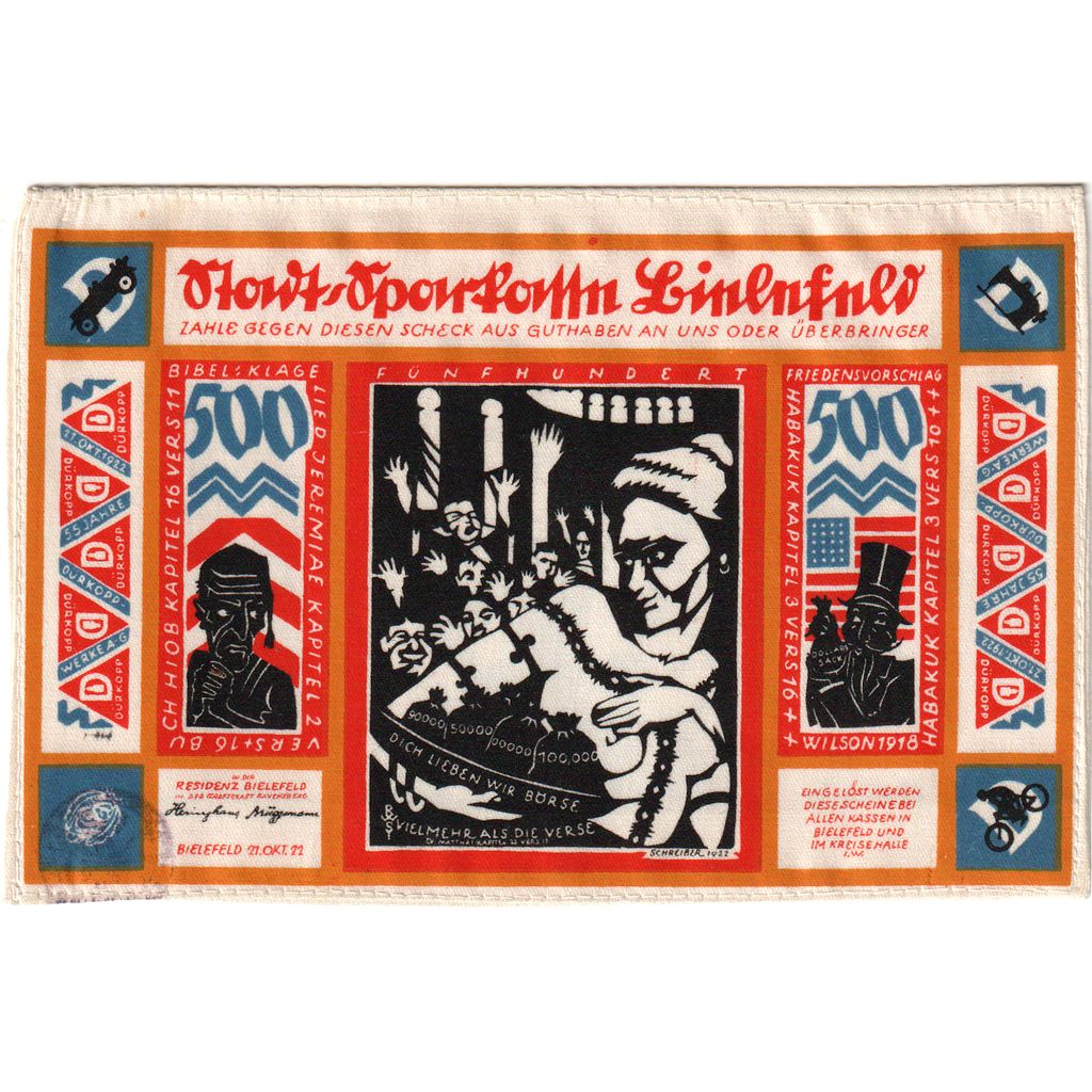 Deutschland, Bielefeld, 500 Mark, 1922-10-21, UNZ-, Seide, Grabowski:53a