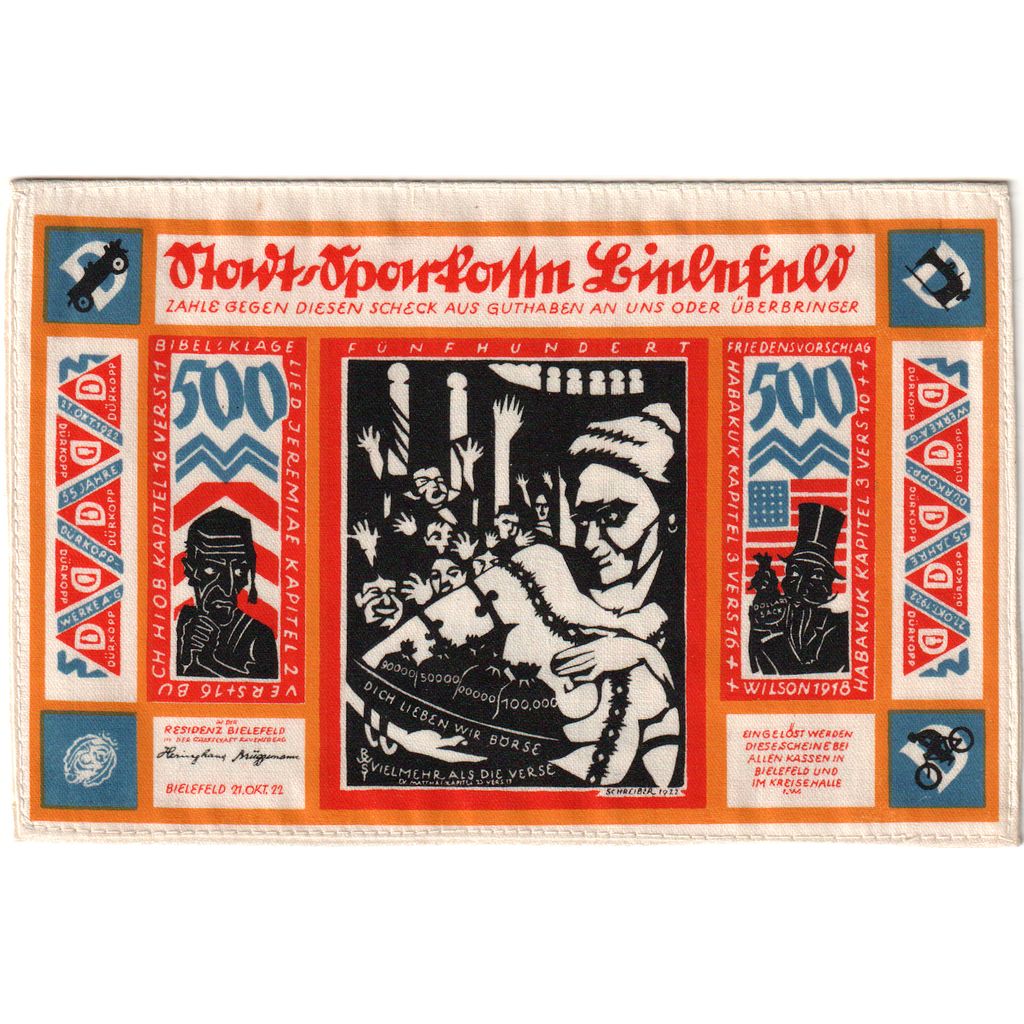 Deutschland, Bielefeld, 500 Mark, 1922-10-21, UNZ-, Seide, Grabowski:52b
