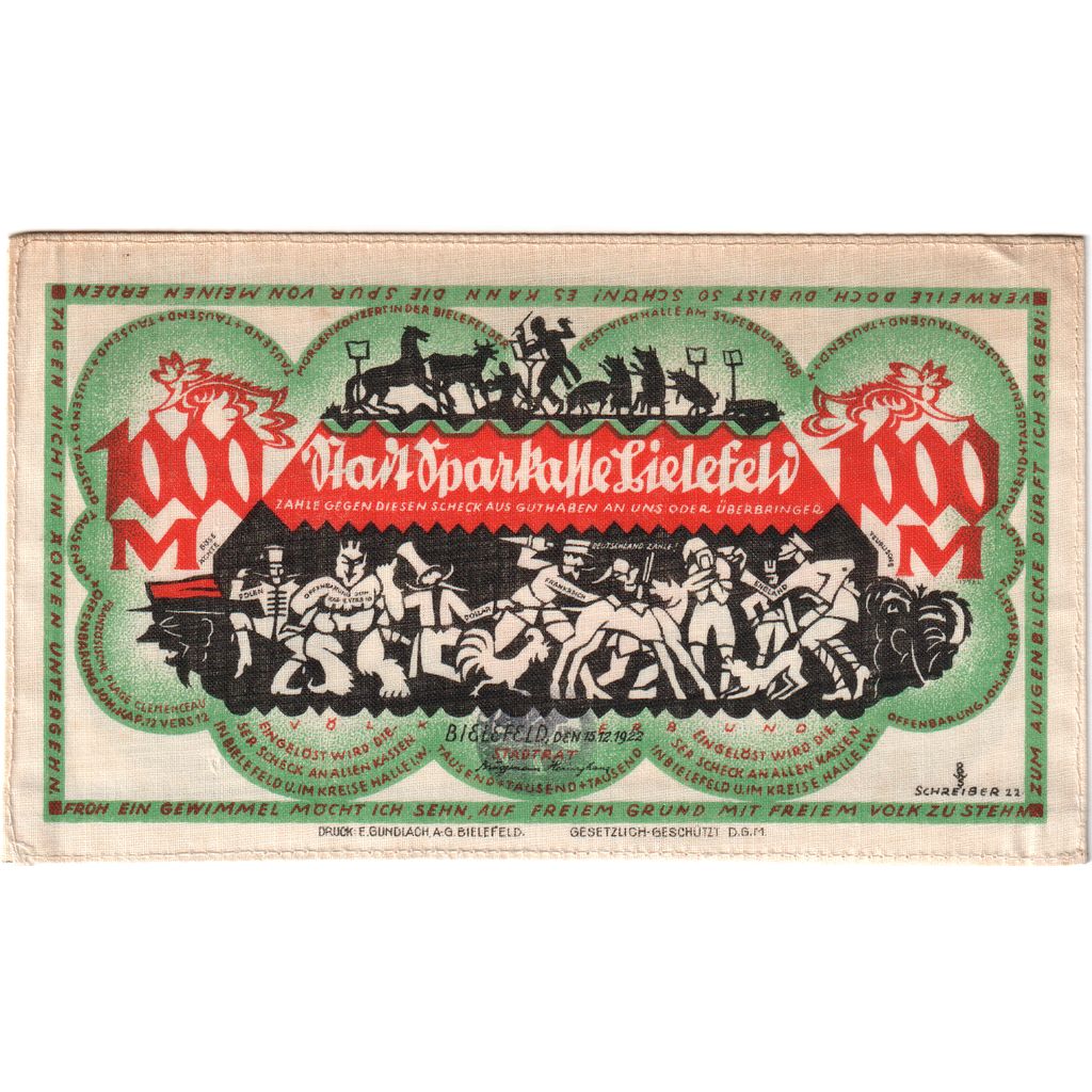 Deutschland, Bielefeld, 1000 Mark, 1922-12-15, VZ, Leinen, Grabowski:60a