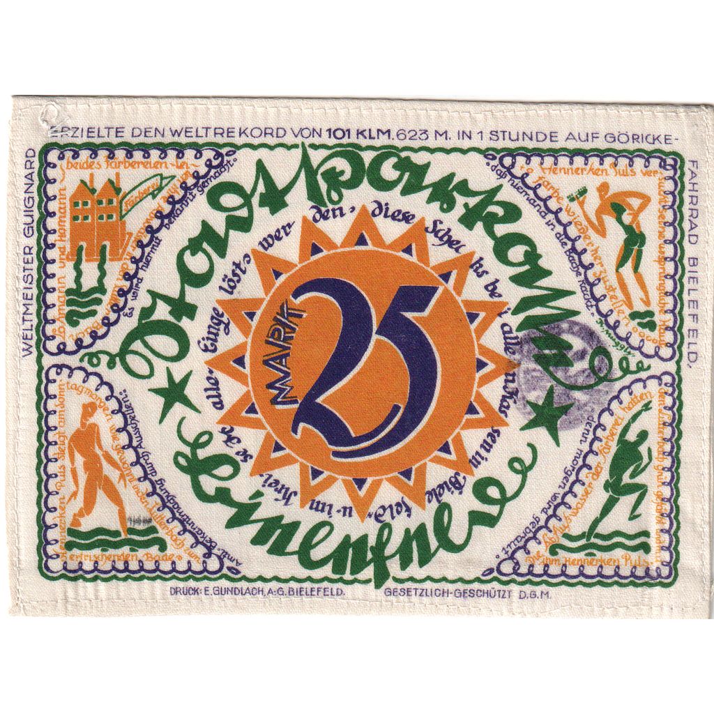 Germany, Bielefeld, 25 MARK, 1922-04-02, UNC(63), Silk, Grabowski:42a