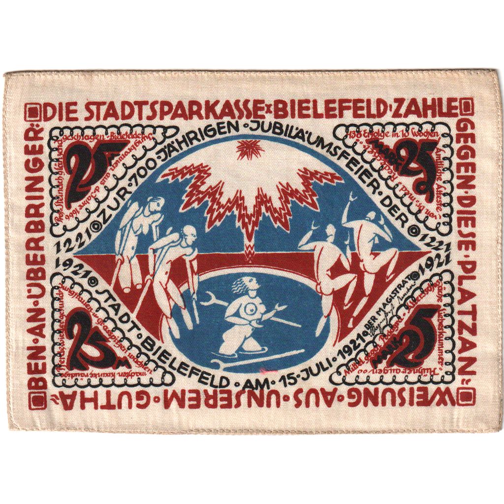 Deutschland, Bielefeld, 25 MARK, 1921-07-15, VZ, Seide, Grabowski:23b