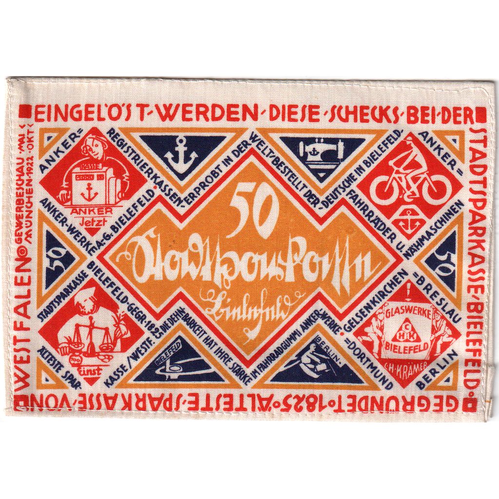 Germany, Bielefeld, 50 Mark, 1922-04-09, UNC(63), Silk, Grabowski:46c
