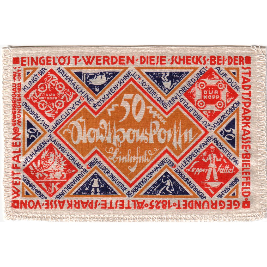 Germany, Bielefeld, 50 Mark, 1922-04-09, UNC(63), Silk, Grabowski:47c