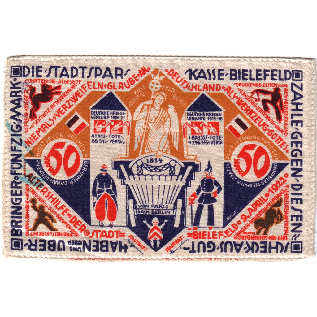 Germany, Bielefeld, 50 Mark, 1922-04-09, UNC(63), Silk, Grabowski:49c