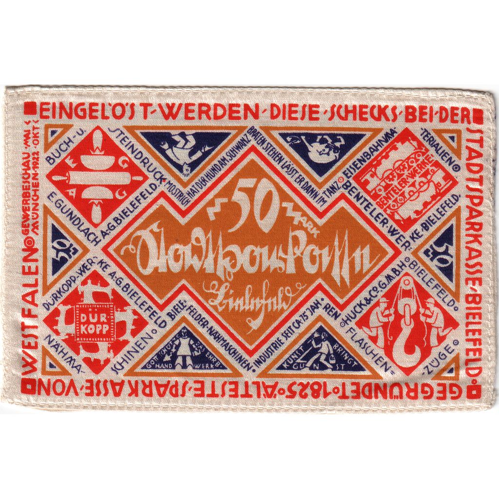Germany, Bielefeld, 50 Mark, 1922-04-09, UNC(63), Silk, Grabowski:49c