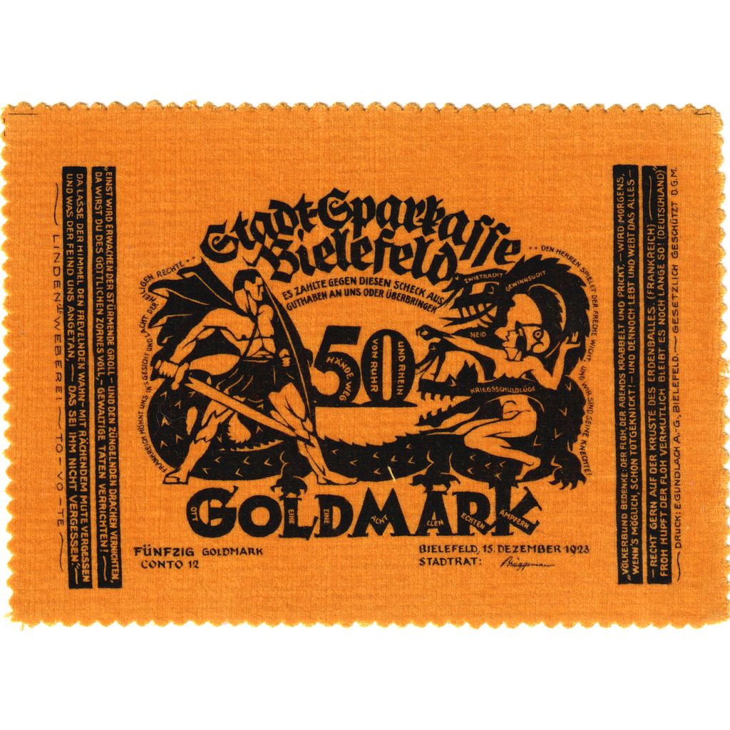 Deutschland, Bielefeld, 50 Goldmark, 1923-12-15, UNZ-, Samt, Grabowski:115c