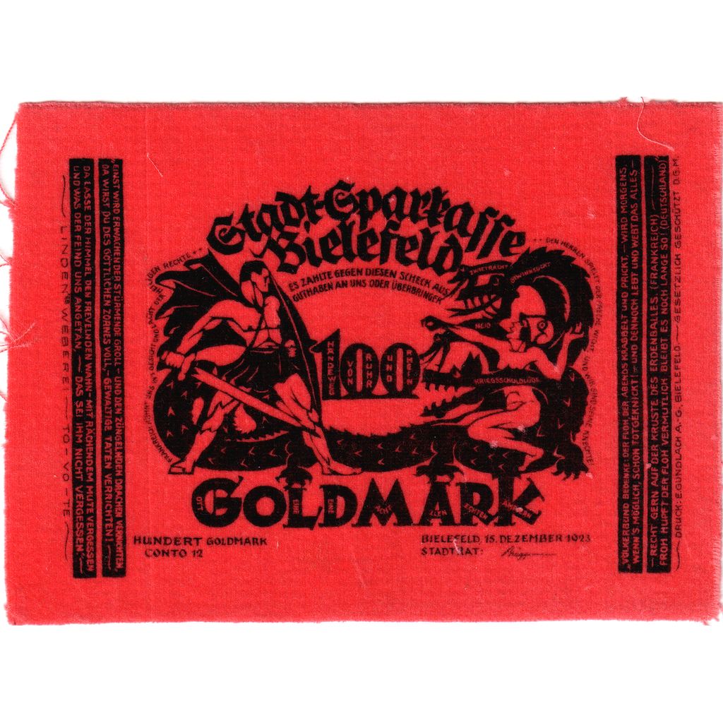 Germany, Bielefeld, 100 Goldmark, 1923-12-15, UNC(63), Velvet, Grabowski:116a