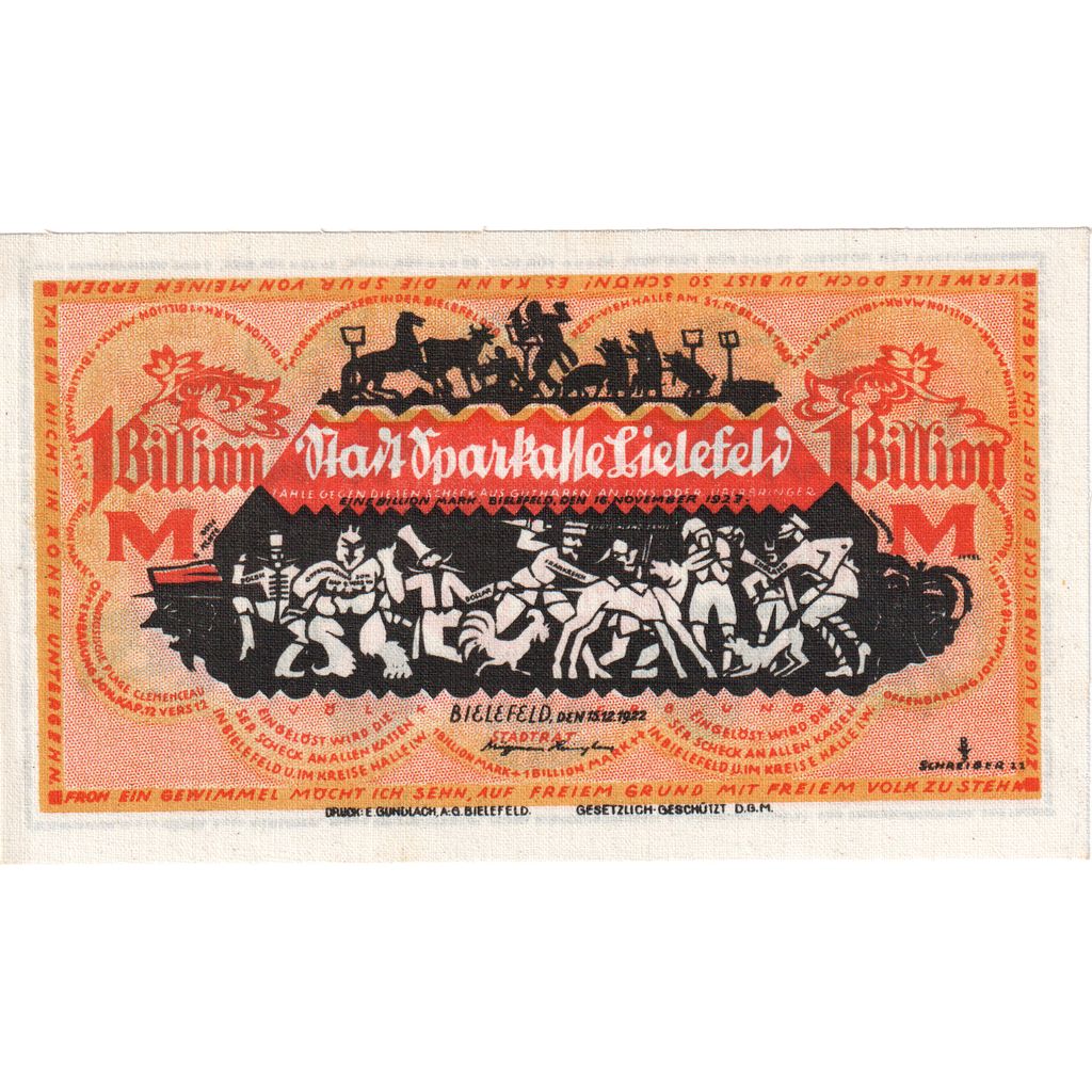 Deutschland, Bielefeld, 1 Billion Mark, 1922-12-15, UNZ-, Leinen, Grabowski:90