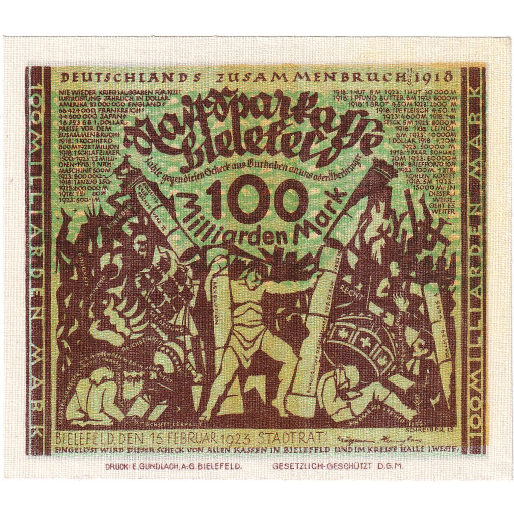 Niemcy, Bielefeld, 100 Milliarden Mark, 1923-02-15, UNC(63), Pościel