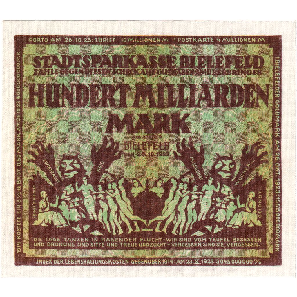 Deutschland, Bielefeld, 100 Milliarden Mark, 1923-02-15, UNZ-, Leinen