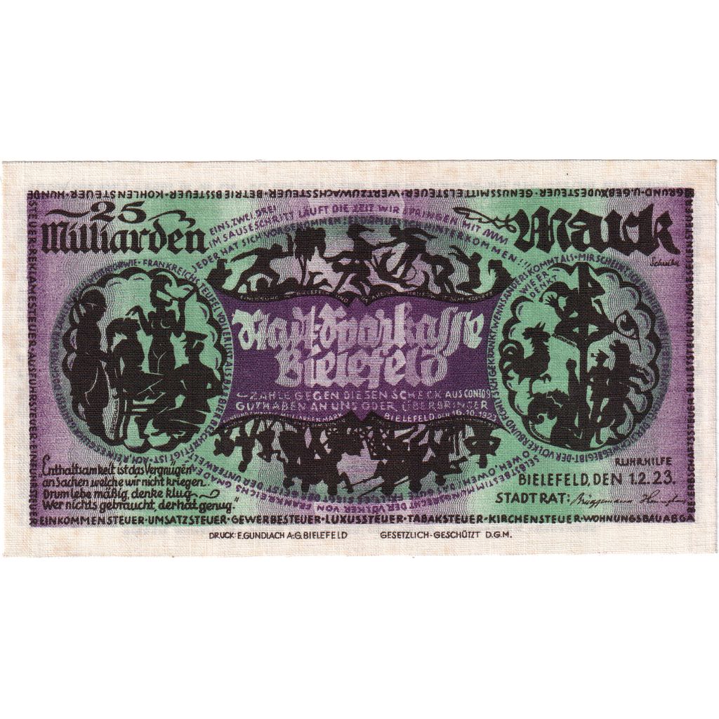 Germany, Bielefeld, 25 Milliard Mark, 1923-02-15, UNC(63), Linen, Grabowski:86