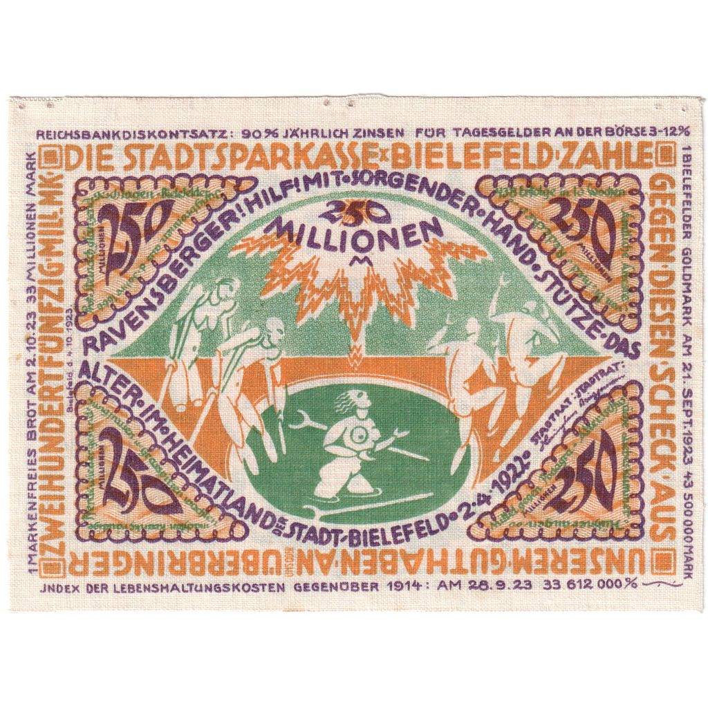 Deutschland, Bielefeld, 250 Millionen Mark, 1922-04-02, UNZ-, Leinen